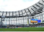 15 April 2022; Both teams observe a minute's silence for Ukraine before the Heineken Champions Cup Round of 16 Second Leg match between Leinster and Connacht at Aviva Stadium in Dublin. Photo by David Fitzgerald/Sportsfile