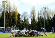 16 April 2022; Both side's contest a scrum during the U19 Rugby International match between Ireland and France at Templeville Road in Dublin. Photo by Eóin Noonan/Sportsfile
