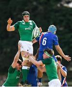 16 April 2022; James McNabney of Ireland contests a lineout with Jeremy Bechu of France during the U19 Rugby International match between Ireland and France at Templeville Road in Dublin. Photo by Eóin Noonan/Sportsfile