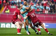 16 April 2022; Tom O'Flaherty of Exeter Chiefs is tackled by Mike Haley of Munster during the Heineken Champions Cup Round of 16 Second Leg match between Munster and Exeter Chiefs at Thomond Park in Limerick. Photo by Brendan Moran/Sportsfile