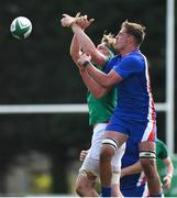 16 April 2022; Charlie Irvine of Ireland in action against Clément Sentubery of France during the U19 Rugby International match between Ireland and France at Templeville Road in Dublin. Photo by Eóin Noonan/Sportsfile
