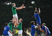 16 April 2022; Charlie Irvine of Ireland contests a lineout with Léo Labarthe of France during the U19 Rugby International match between Ireland and France at Templeville Road in Dublin. Photo by Eóin Noonan/Sportsfile