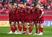 16 April 2022; The Munster team stand for a minute's silence in memory of the victims of the Ukraine war before the Heineken Champions Cup Round of 16 Second Leg match between Munster and Exeter Chiefs at Thomond Park in Limerick. Photo by Brendan Moran/Sportsfile