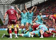 16 April 2022; Exeter Chiefs players including Henry Slade, centre, celebrate their side's second try during the Heineken Champions Cup Round of 16 Second Leg match between Munster and Exeter Chiefs at Thomond Park in Limerick. Photo by Harry Murphy/Sportsfile