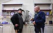 16 April 2022; Kilkenny kitman Rackard Cody, starting his 45th Championship, in conversation with the Westmeath kitman Keith Quinn as they enjoy a cup of tea before the Leinster GAA Hurling Senior Championship Round 1 match between Westmeath and Kilkenny at TEG Cusack Park in Mullingar, Westmeath. Photo by Ray McManus/Sportsfile