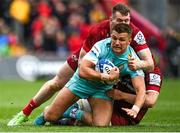 16 April 2022; Henry Slade of Exeter Chiefs is tackled by Chris Farrell of Munster during the Heineken Champions Cup Round of 16 Second Leg match between Munster and Exeter Chiefs at Thomond Park in Limerick. Photo by Harry Murphy/Sportsfile