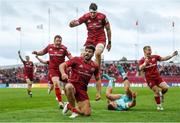 16 April 2022; Damian de Allende of Munster celebrates with teammates after scoring their side's second try during the Heineken Champions Cup Round of 16 Second Leg match between Munster and Exeter Chiefs at Thomond Park in Limerick. Photo by Brendan Moran/Sportsfile