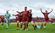 16 April 2022; Damian de Allende of Munster celebrates with teammates after scoring their side's second try during the Heineken Champions Cup Round of 16 Second Leg match between Munster and Exeter Chiefs at Thomond Park in Limerick. Photo by Brendan Moran/Sportsfile