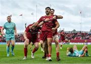 16 April 2022; Damian de Allende of Munster celebrates with teammates after scoring their side's second try during the Heineken Champions Cup Round of 16 Second Leg match between Munster and Exeter Chiefs at Thomond Park in Limerick. Photo by Brendan Moran/Sportsfile