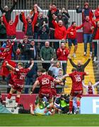16 April 2022; Munster players and supporters celebrate their side's second try during the Heineken Champions Cup Round of 16 Second Leg match between Munster and Exeter Chiefs at Thomond Park in Limerick. Photo by Harry Murphy/Sportsfile