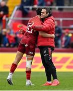 16 April 2022; Munster head coach Johann van Graan and Joey Carbery celebrate after the Heineken Champions Cup Round of 16 Second Leg match between Munster and Exeter Chiefs at Thomond Park in Limerick. Photo by Brendan Moran/Sportsfile