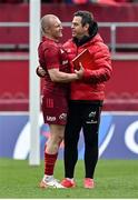 16 April 2022; Munster head coach Johann van Graan and Keith Earls of Munster celebrate after the Heineken Champions Cup Round of 16 Second Leg match between Munster and Exeter Chiefs at Thomond Park in Limerick. Photo by Brendan Moran/Sportsfile