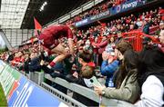 16 April 2022; Mike Haley of Munster jumps into the stand to see his children during the Heineken Champions Cup Round of 16 Second Leg match between Munster and Exeter Chiefs at Thomond Park in Limerick. Photo by Harry Murphy/Sportsfile
