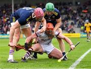 16 April 2022; Conor Whelan of Galway in action against Wexford players Paudie Foley, left, and Matthew O'Hanlon during the Leinster GAA Hurling Senior Championship Round 1 match between Wexford and Galway at Chadwicks Wexford Park in Wexford. Photo by Piaras Ó Mídheach/Sportsfile