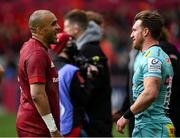 16 April 2022; Simon Zebo of Munster speaks with Stuart Hogg of Exeter Chiefs after the Heineken Champions Cup Round of 16 Second Leg match between Munster and Exeter Chiefs at Thomond Park in Limerick. Photo by Harry Murphy/Sportsfile