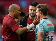 16 April 2022; Simon Zebo and Conor Murray of Munster speak with Stuart Hogg of Exeter Chiefs after the Heineken Champions Cup Round of 16 Second Leg match between Munster and Exeter Chiefs at Thomond Park in Limerick. Photo by Harry Murphy/Sportsfile