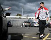 16 April 2022; Darren McCurry of Tyrone is greeted from a car on his arrival to the Ulster GAA Football Senior Championship preliminary round match between Fermanagh and Tyrone at Brewster Park in Enniskillen, Fermanagh. Photo by Stephen McCarthy/Sportsfile
