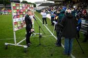 16 April 2022; Fermanagh manager Kieran Donnelly speaks to Billy Joe Padden of Sky Sports before the Ulster GAA Football Senior Championship preliminary round match between Fermanagh and Tyrone at Brewster Park in Enniskillen, Fermanagh. Photo by Stephen McCarthy/Sportsfile