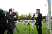 16 April 2022; Fermanagh manager Kieran Donnelly speaks to Billy Joe Padden of Sky Sports before the Ulster GAA Football Senior Championship preliminary round match between Fermanagh and Tyrone at Brewster Park in Enniskillen, Fermanagh. Photo by Stephen McCarthy/Sportsfile