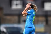 16 April 2022; Kerri Letman of DLR Waves reacts after a missed opportunity in goal during the SSE Airtricity Women's National League match between Bohemians and DLR Waves at Dalymount Park in Dublin. Photo by Ben McShane/Sportsfile