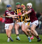 16 April 2022; Eoin Cody of Kilkenny is tackled by Kevin Regan, left, and Jack Galvin of Westmeath during the Leinster GAA Hurling Senior Championship Round 1 match between Westmeath and Kilkenny at TEG Cusack Park in Mullingar, Westmeath. Photo by Ray McManus/Sportsfile