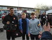 16 April 2022; Jerome Kaino of Toulouse poses for a photo with Matthew, age 12, left, and James Laird, age 15, from Limavady before the Heineken Champions Cup Round of 16 Second Leg match between Ulster and Toulouse at Kingspan Stadium in Belfast. Photo by David Fitzgerald/Sportsfile