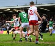 16 April 2022; Conor Meyler of Tyrone shoots to score his side's first goal past Fermanagh goalkeeper Sean McNally during the Ulster GAA Football Senior Championship preliminary round match between Fermanagh and Tyrone at Brewster Park in Enniskillen, Fermanagh. Photo by Stephen McCarthy/Sportsfile