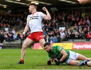 16 April 2022; Conor Meyler of Tyrone celebrates after scoring his side's first goal during the Ulster GAA Football Senior Championship preliminary round match between Fermanagh and Tyrone at Brewster Park in Enniskillen, Fermanagh. Photo by Stephen McCarthy/Sportsfile