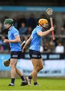 16 April 2022; Cian O'Callaghan of Dublin, right, celebrates winning a free during the Leinster GAA Hurling Senior Championship Round 1 match between Dublin and Laois at Parnell Park in Dublin. Photo by Eóin Noonan/Sportsfile