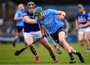 16 April 2022; Aidan Hayes of Dublin in action against Donnchadh Hartnett of Laois during the Leinster GAA Hurling Senior Championship Round 1 match between Dublin and Laois at Parnell Park in Dublin. Photo by Eóin Noonan/Sportsfile