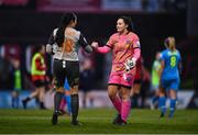 16 April 2022; Bohemians goalkeeper Rachael Kelly with DLR Waves goalkeeper Eve Badana during the SSE Airtricity Women's National League match between Bohemians and DLR Waves at Dalymount Park in Dublin. Photo by Ben McShane/Sportsfile