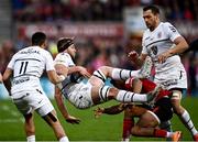 16 April 2022; Anthony Jelonch of Toulouse is tackled by Robert Baloucoune of Ulster for which he is subsequently awarded a yellow card during the Heineken Champions Cup Round of 16 Second Leg match between Ulster and Toulouse at Kingspan Stadium in Belfast. Photo by David Fitzgerald/Sportsfile