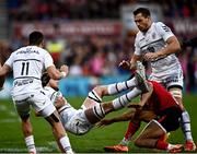 16 April 2022; Anthony Jelonch of Toulouse is tackled by Robert Baloucoune of Ulster for which he is subsequently awarded a yellow card during the Heineken Champions Cup Round of 16 Second Leg match between Ulster and Toulouse at Kingspan Stadium in Belfast. Photo by David Fitzgerald/Sportsfile