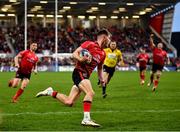 16 April 2022; Ethan McIlroy of Ulster scores his side's first try during the Heineken Champions Cup Round of 16 Second Leg match between Ulster and Toulouse at Kingspan Stadium in Belfast. Photo by David Fitzgerald/Sportsfile