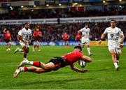 16 April 2022; Ethan McIlroy of Ulster scores his side's first try during the Heineken Champions Cup Round of 16 Second Leg match between Ulster and Toulouse at Kingspan Stadium in Belfast. Photo by David Fitzgerald/Sportsfile