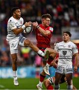 16 April 2022; Matthis Lebel of Toulouse in action against Ethan McIlroy of Ulster during the Heineken Champions Cup Round of 16 Second Leg match between Ulster and Toulouse at Kingspan Stadium in Belfast. Photo by David Fitzgerald/Sportsfile