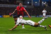 16 April 2022; Romain Ntamack of Toulouse dives over to score his side's second try during the Heineken Champions Cup Round of 16 Second Leg match between Ulster and Toulouse at Kingspan Stadium in Belfast. Photo by Ramsey Cardy/Sportsfile