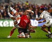 16 April 2022; Anthony Jelonch of Toulouse is tackled by Nick Timoney of Ulster during the Heineken Champions Cup Round of 16 Second Leg match between Ulster and Toulouse at Kingspan Stadium in Belfast. Photo by David Fitzgerald/Sportsfile