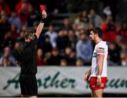 16 April 2022; Conor McKenna of Tyrone is shown a red card by referee Joe McQuillan during the Ulster GAA Football Senior Championship preliminary round match between Fermanagh and Tyrone at Brewster Park in Enniskillen, Fermanagh. Photo by Stephen McCarthy/Sportsfile