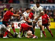16 April 2022; Antoine Dupont of Toulouse is tackled by Iain Henderson, left, and Nick Timoney of Ulster during the Heineken Champions Cup Round of 16 Second Leg match between Ulster and Toulouse at Kingspan Stadium in Belfast. Photo by David Fitzgerald/Sportsfile