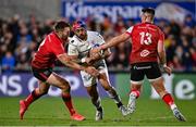 16 April 2022; Tim Nanai-Williams of Toulouse is tackled by Stuart McCloskey, left, and James Hume of Ulster during the Heineken Champions Cup Round of 16 Second Leg match between Ulster and Toulouse at Kingspan Stadium in Belfast. Photo by Ramsey Cardy/Sportsfile