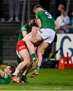 16 April 2022; Conor McKenna of Tyrone and Brandon Horan of Fermanagh, 9, tussle during the Ulster GAA Football Senior Championship preliminary round match between Fermanagh and Tyrone at Brewster Park in Enniskillen, Fermanagh. Photo by Stephen McCarthy/Sportsfile