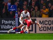 16 April 2022; Ethan McIlroy of Ulster scores his side's second try during the Heineken Champions Cup Round of 16 Second Leg match between Ulster and Toulouse at Kingspan Stadium in Belfast. Photo by David Fitzgerald/Sportsfile