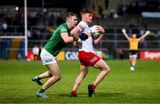 16 April 2022; Conor Meyler of Tyrone in action against Conall Jones of Fermanagh during the Ulster GAA Football Senior Championship preliminary round match between Fermanagh and Tyrone at Brewster Park in Enniskillen, Fermanagh. Photo by Stephen McCarthy/Sportsfile