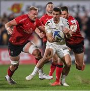 16 April 2022; Thomas Ramos of Toulouse in action against Kieran Treadwell, left, and Stuart McCloskey of Ulster during the Heineken Champions Cup Round of 16 Second Leg match between Ulster and Toulouse at Kingspan Stadium in Belfast. Photo by Ramsey Cardy/Sportsfile