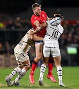 16 April 2022; Stuart McCloskey of Ulster is tackled by Anthony Jelonch, left, and Romain Ntamack of Toulouse during the Heineken Champions Cup Round of 16 Second Leg match between Ulster and Toulouse at Kingspan Stadium in Belfast. Photo by Ramsey Cardy/Sportsfile