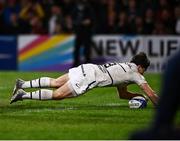 16 April 2022; Antoine Dupont of Toulouse scores his side's third try during the Heineken Champions Cup Round of 16 Second Leg match between Ulster and Toulouse at Kingspan Stadium in Belfast. Photo by David Fitzgerald/Sportsfile