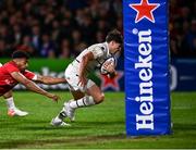 16 April 2022; Antoine Dupont of Toulouse scores his side's third try during the Heineken Champions Cup Round of 16 Second Leg match between Ulster and Toulouse at Kingspan Stadium in Belfast. Photo by David Fitzgerald/Sportsfile