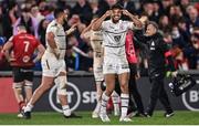16 April 2022; Romain Ntamack of Toulouse celebrates at the final whistle of the Heineken Champions Cup Round of 16 Second Leg match between Ulster and Toulouse at Kingspan Stadium in Belfast. Photo by Ramsey Cardy/Sportsfile
