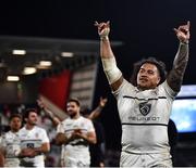 16 April 2022; David Ainu'u of Toulouse celebrates after the Heineken Champions Cup Round of 16 Second Leg match between Ulster and Toulouse at Kingspan Stadium in Belfast. Photo by David Fitzgerald/Sportsfile